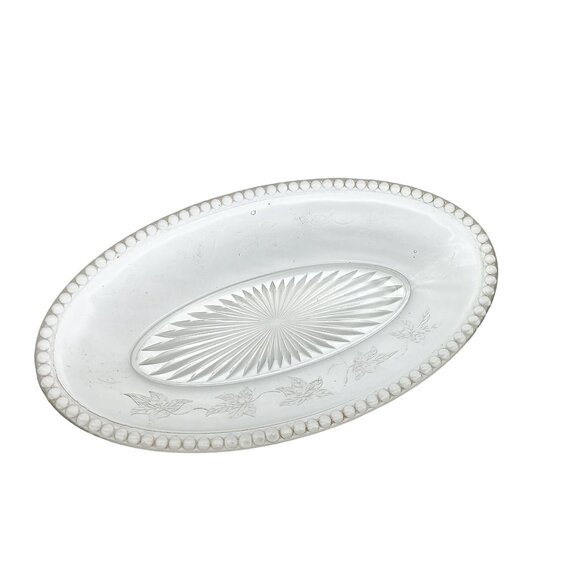 Vintage Oval Glass Serving Dish With Floral Etching & Beaded Rim - Picture 1 of 5